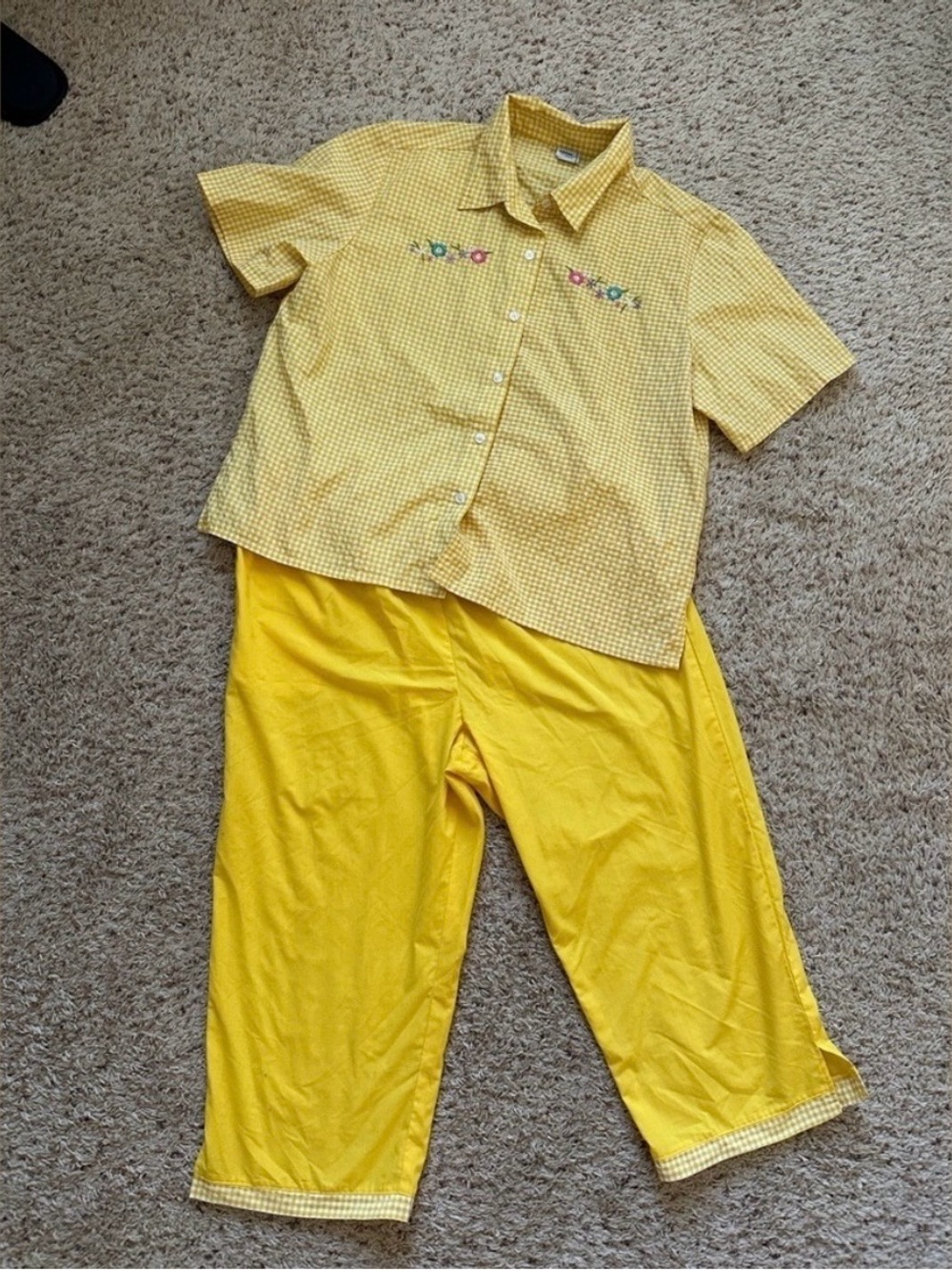 Vtg Adrian Delafield Yellow Gingham Capri Pants & Shirt Set Cottagecore Grandma